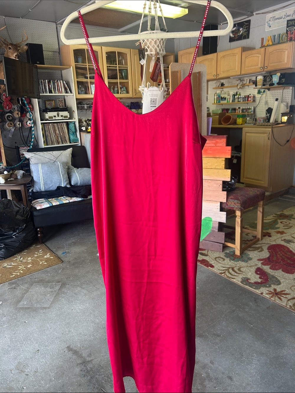 Women's Red Slip Chemise with Thin Straps